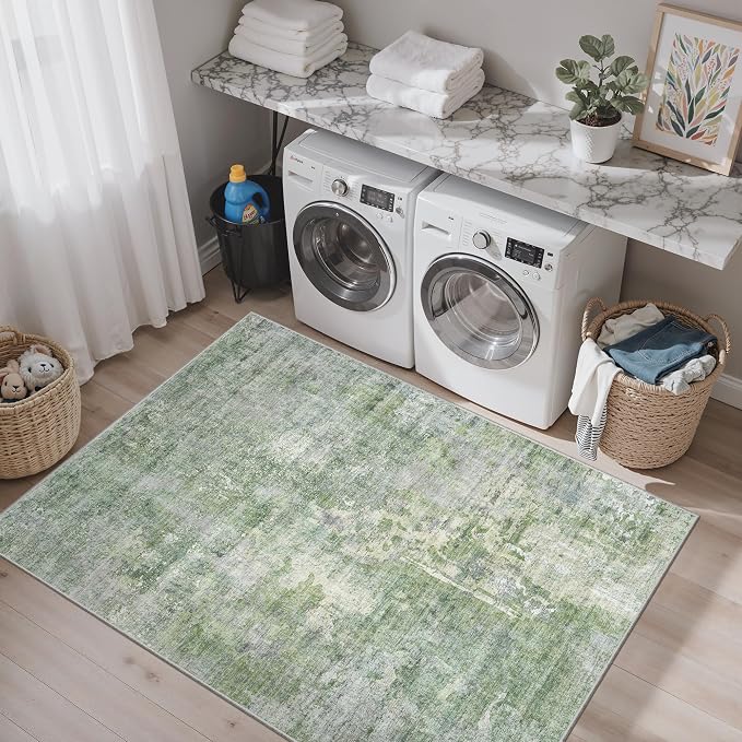 Soalmost Abstract 3x5 Rugs, Small Kitchen Entryway Area Rug Green/Ivory | - Image 2