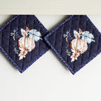 Maison d' Hermine Pot Holders Set 100% Cotton Heat Resistant Potholders 8" x 8" Hot Pads with Loop BBQ, Cooking, Baking, Grilling, Kitchen, Handling Hot Pans (Pack of 2, Pumpkin Blues)