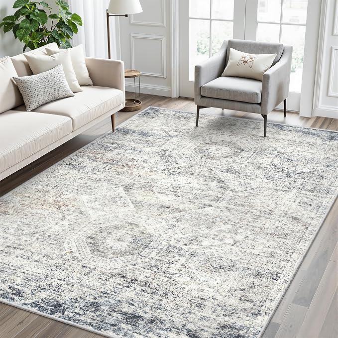 Soalmost 7x9 Area Rug for Living Room Washable Rugs Non-Slip Blue/Ivory | by Soalmost
