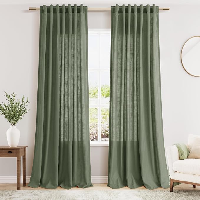 Olive Green Linen Curtains for Living Room 2 Panels Set 95 Inch Length Back Tab by Nanspring