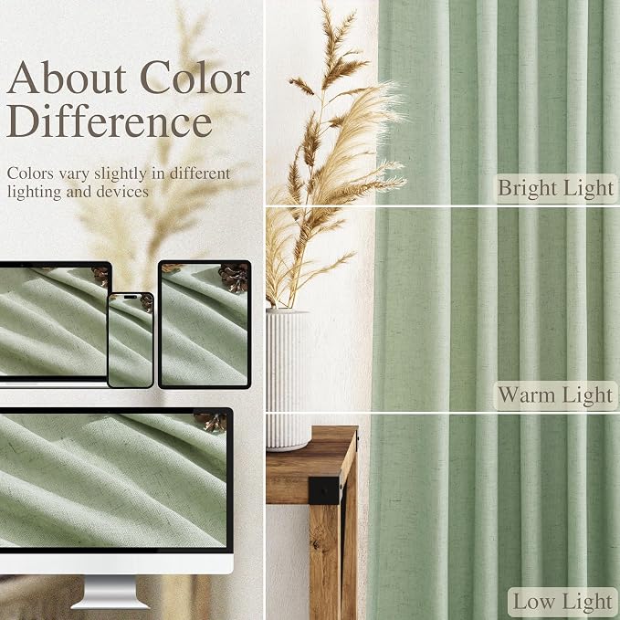 Mist Sage Linen Curtains Semi Sheer 96 Inches Long 2 Panels Set - Image 3