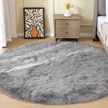 ORINOVA Silver Grey Washable Shaggy Round Rugs 6.6ft Large Faux Sheepskin Fur by ORINOVA