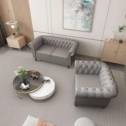 ORRD 2 Piece Living Room Set, Chesterfield Leather Sofa Couch Chair - Image 8