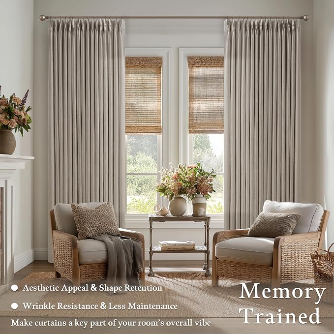 Pinch Pleated Taupe Linen Semi Sheer Curtains 84 Inches Long 2 Panels Set | - Image 2