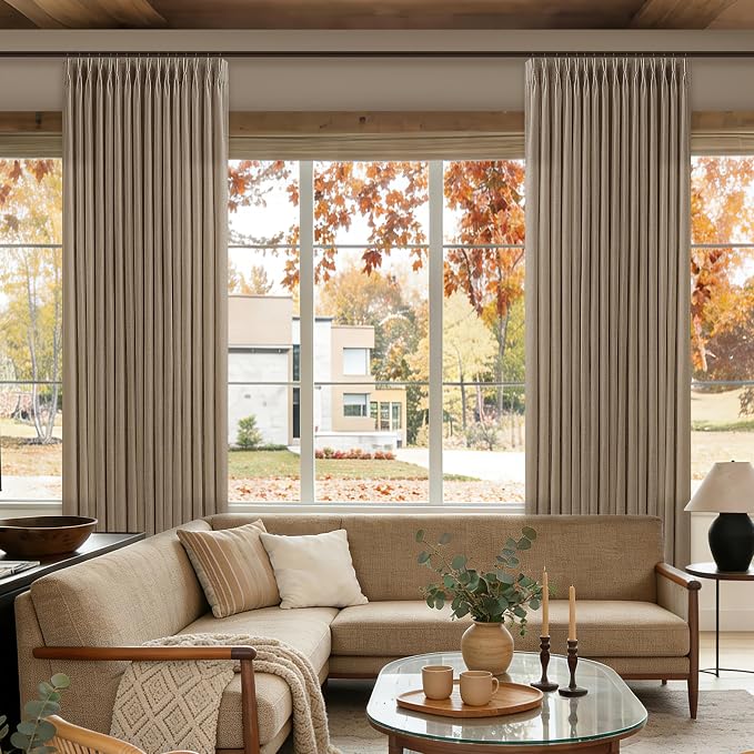 102 Inch Light Brown Thick Linen Pleated Semi Sheer Curtains - Image 9