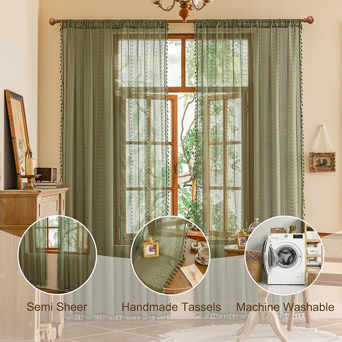 Sutuo Home Olive Green Boho Lace Sheer Curtains, Farmhouse Crochet Privacy - Image 3