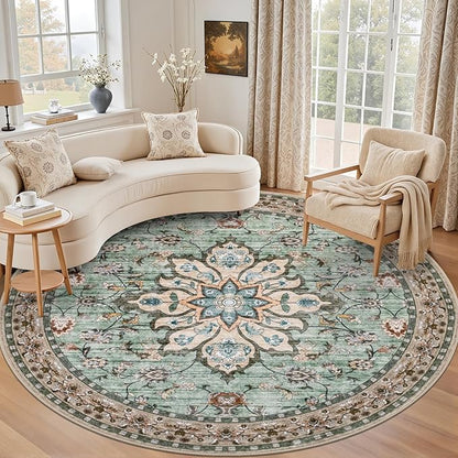 Round Area Rug for Living Room: 6ft Boho Washable Rug Brown Green | Vintage by EXPEDIX