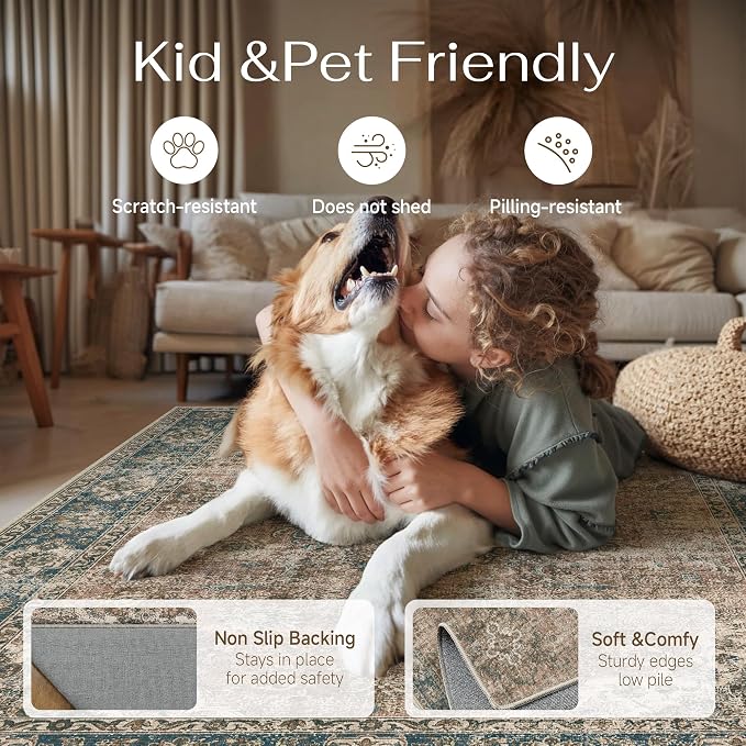 5x7 Blue Brown Retro Floral Washable Area Rug - Image 4