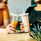 Reusable Boba Cup with Resealable Lid Plug - 17 Oz Double Wall Insulated | Smoothie Tumbler | Wide Stainless Steel Straw For Bubble Tea, Boba Pearls - White