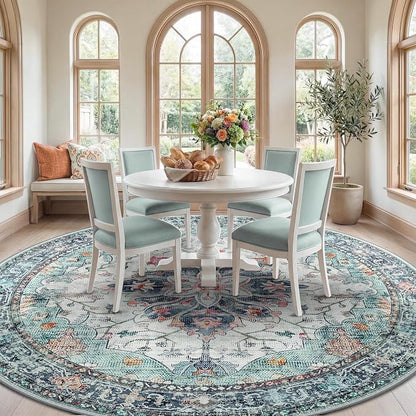 RELEANY Washable Area Rug, Round 10ft, Teal Green/White/Navy | Non-Slip - Image 3