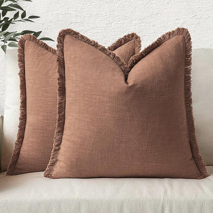 MIULEE Boho Linen Fringe Decorative Fall Throw Pillow Covers Brick 20x20 | Set by MIULEE