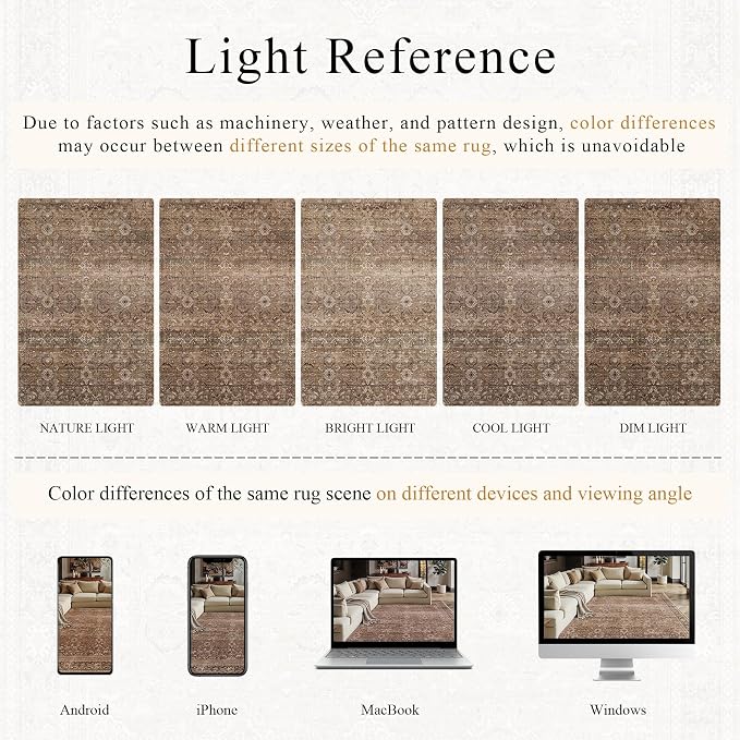 Schweek 4ft Round Rug Brown Washable Non-Slip Circle Rugs Neutral Area Rug | - Image 5