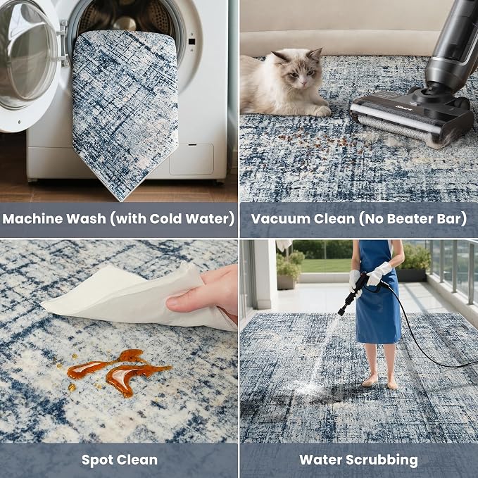 10x14 Washable Area Rug for Living Room Bedroom: Non-Slip Modern Blue Gold | - Image 5