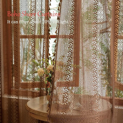 Sutuo Home Dark Coffee Boho Lace Curtains 72 inches Long - Image 2