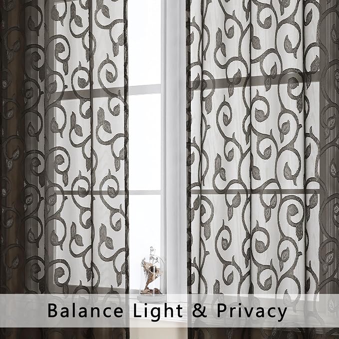Furman Sheer Curtains Chocolate 45 Inch Length 2 Panels Set, Jacquard Clip - Image 5