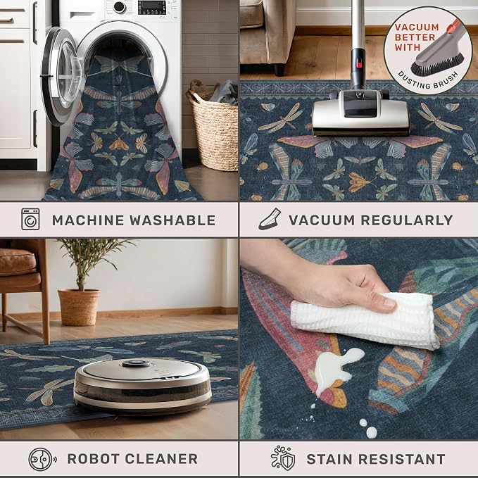 Dark Blue Vintage Hallway Runner Rug 3x12, Washable Non Slip Kitchen Carpet - Image 5