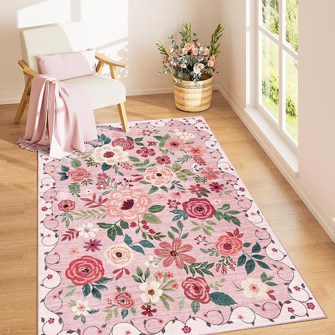 DUKINO 4x6 Area Rug, Floral Washable Rug Non Slip Office Chair Mat, Stain by DUKINO