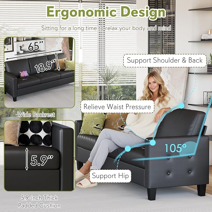STHOUYN Black Faux Leather 3 Seater Sofa and Accent Chair Set of 2, Modern - Image 5