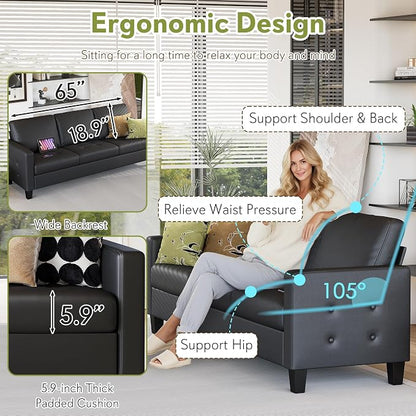 STHOUYN Black Faux Leather 3 Seater Sofa and Loveseat, Modern Comfy Office - Image 6