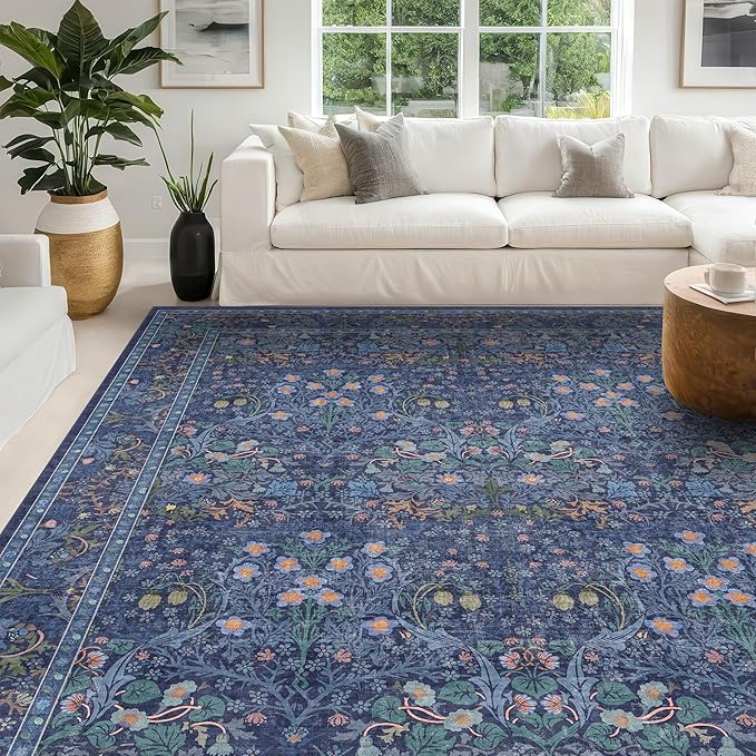 Dark Blue Living Room Rug 8x10, Vintage Floral Washable Area Rugs by HazoHaus