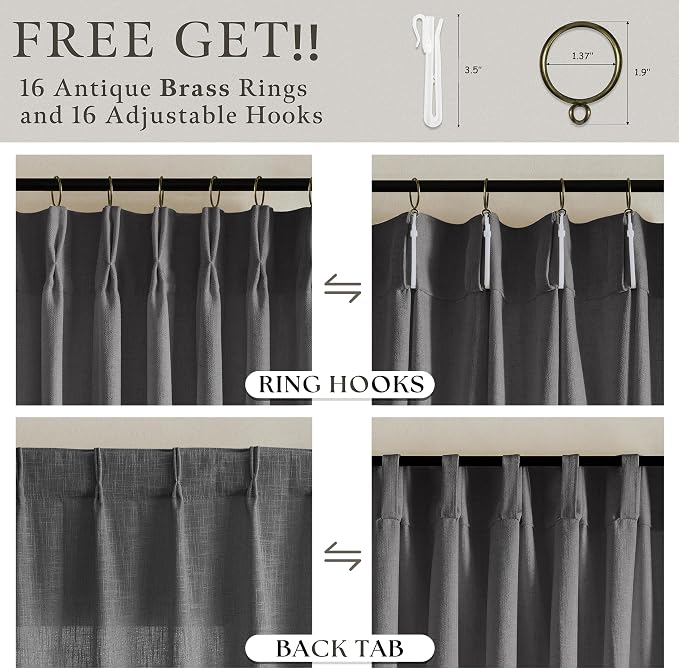 Pinch Pleat Flax Linen Semi Sheer Memory Shape Curtains Charcoal Grey 50x84 | - Image 5