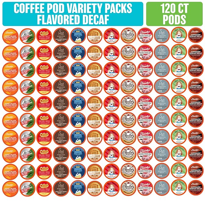 Coffee Pod Variety Packs Flavored Decaf Sampler, Assorted, Compatible with 2.0 K-Cup Brewers, Variety Pack, 120 Count (Pack of 1)
