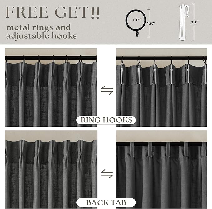 Charcoal Gray Linen Pinch Pleat Semi Sheer 120 Inch Curtains 2 Panels Set | - Image 5