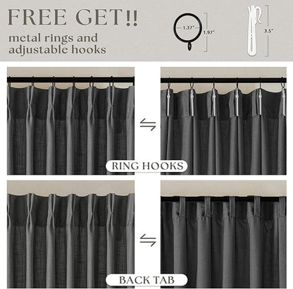 Charcoal Gray Linen Pinch Pleat Semi Sheer 120 Inch Curtains 2 Panels Set | - Image 5