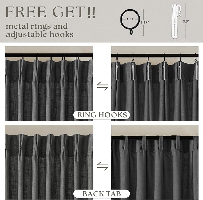 Dark Grey 80 Inch Pinch Pleated Linen Semi Sheer Curtains 2 Panel Set | - Image 5