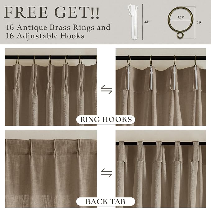 Latte Pinch Pleated Linen Light Filtering Memory Shaped Curtains 50Wx86L | Flax - Image 2