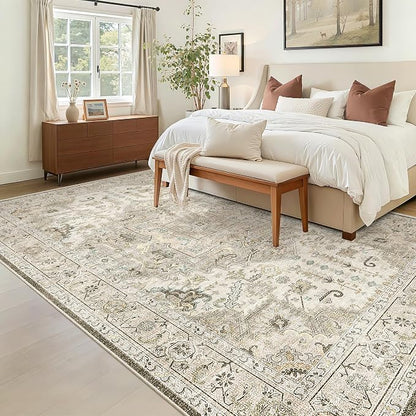 Madane 6x9 Area Rugs for Living Room, Vintage Washable Rug, Ivory/Brown | Stain - Image 4