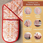 Maison d' Hermine Double Oven Mitts 100% Cotton 7"x35" Double Oven Mitt Heat Resistant BBQ Cooking Gloves with Loop, Baking, Grilling, Home, Kitchen, Handling Hot Pans (Orient)