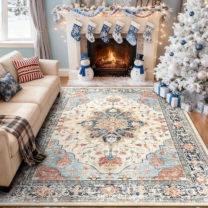 RELEANY Washable Area Rug, Water Repellent, Pet Friendly, Vintage Floral Boho by RELEANY