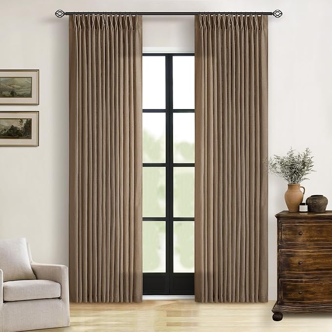 Brown 80 Inch Light Filtering Pinch Pleated Linen Curtains 2 Panels Set | Semi - Image 6