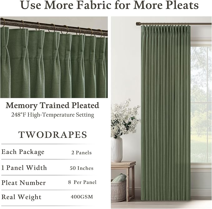 Green Pinch Pleated Linen Light Filter Memory Shape Curtains 90 Inch Long | - Image 4