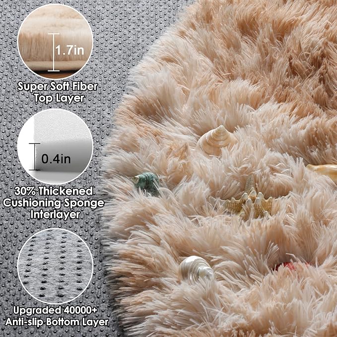 Tie-Dye Beige Round Area Rug 4ft, Soft Bedroom Circle Rugs Floor Mats - Image 2