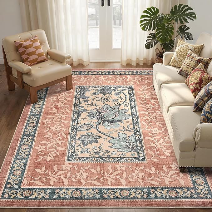 GarveeHome Terracotta Teal Washable 5x7 Area Rugs, Botanical Grove Vintage by GarveeHome