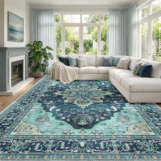 RELEANY Washable Area Rug, Large 10'x14', Teal | Non-Slip, Water Repellent by RELEANY