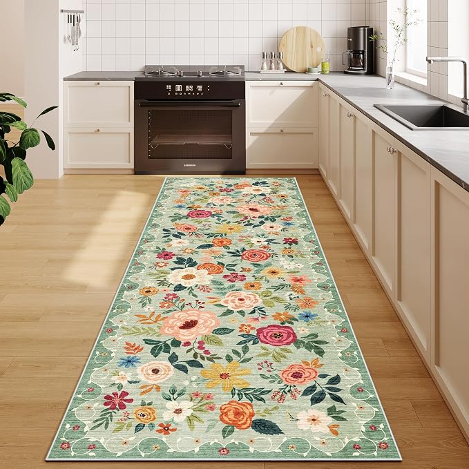 DUKINO 2x10 Runner Rug, Floral Washable Kitchen Runner Rug Non Slip, Low Pile by DUKINO