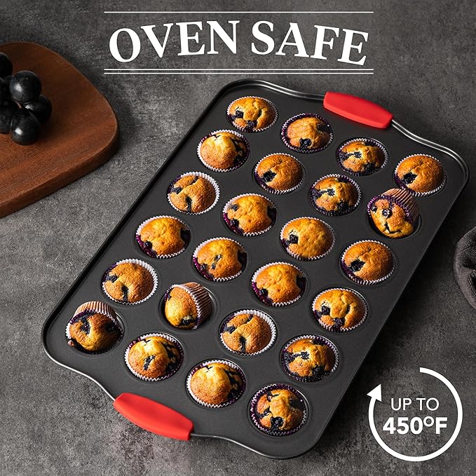 Tiawudi Muffin Pan, Nonstick Cupcake Pan Set, 2 Pack Heavy Duty Muffin Tins for Baking, 12-Cup Regular and 24-Cup Mini Bareware Tray with Silicone Grip Handles