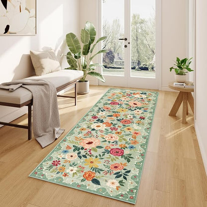 DUKINO 2x10 Runner Rug, Floral Washable Kitchen Runner Rug Non Slip, Low Pile - Image 3