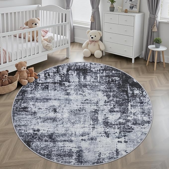 Round Area Rug Living Room: 5 ft Modern Washable Carpet Dark | - Image 3