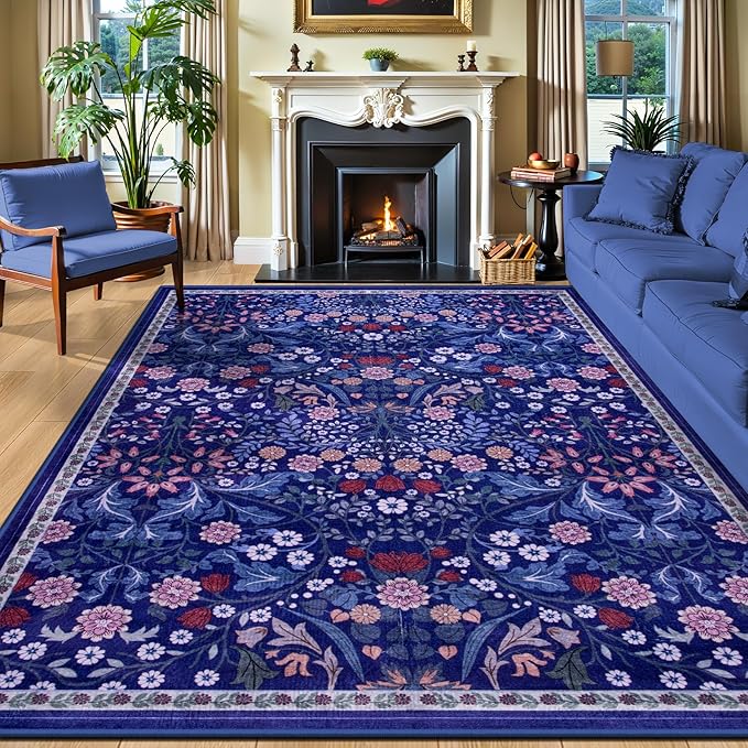 PLHXFR Area Rug 9x12 Living Room: Floral Washable Boho Soft Carpet Blue | by PLHXFRSoftAreaRugs