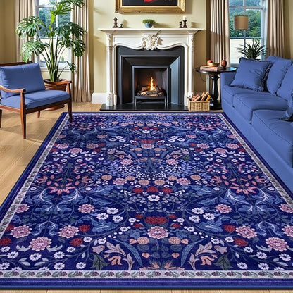 PLHXFR Area Rug 10x12 Living Room: Floral Washable Boho Soft Carpet Blue | by PLHXFRSoftAreaRugs