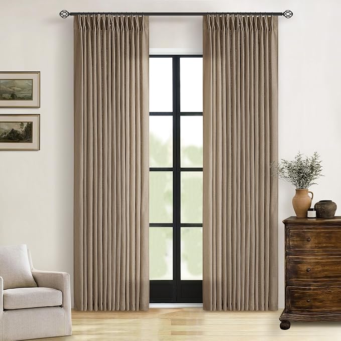 Farmhouse 80 Inch Brown Tan Pinch Pleated Linen Semi Sheer Curtains 2 Panel | by Twodrapes