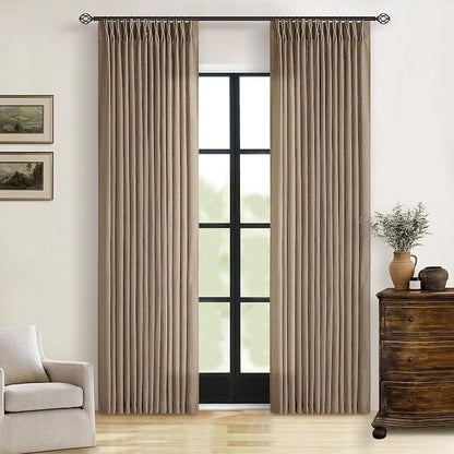 Farmhouse 80 Inch Brown Tan Pinch Pleated Linen Semi Sheer Curtains 2 Panel | by Twodrapes