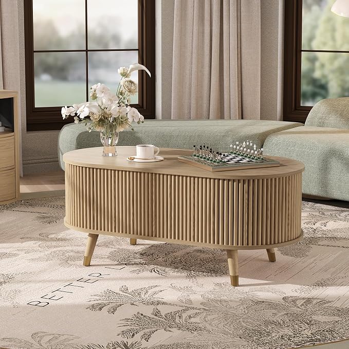 SULIVES Oval Coffee Table with Storage, Small Fluted Center Table - Image 6