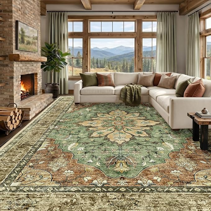 RELEANY Washable Area Rug, Large 9'x12', Brick/Brown/Green | Non-Slip, Water by RELEANY