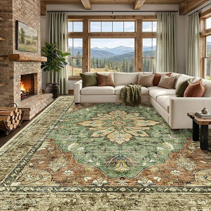 RELEANY Washable Area Rug, Large 10'x12', Brick/Brown/Green | Non-Slip by RELEANY