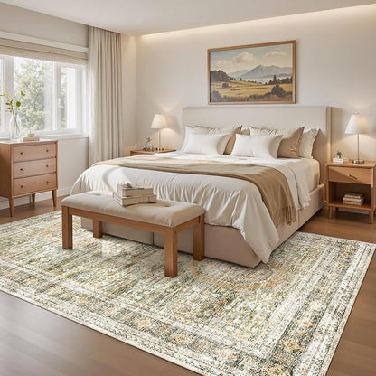 Soalmost 6x9 Area Rug for Living Room Washable Rugs Non-Slip Green/Orange | - Image 2